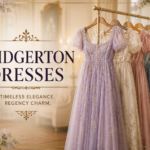 Elegant Bridgerton dresses inspired Regency-era fashion, featuring flowing pastel gowns with empire waistlines, puff sleeves, and delicate embroidery displayed on a decorative rack in a romantic vintage setting.