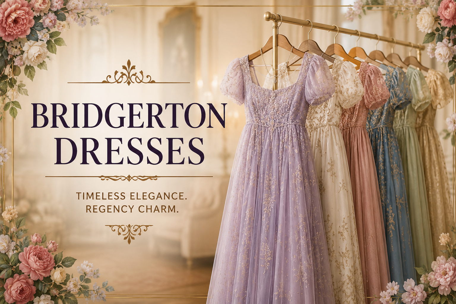 Elegant Bridgerton dresses inspired Regency-era fashion, featuring flowing pastel gowns with empire waistlines, puff sleeves, and delicate embroidery displayed on a decorative rack in a romantic vintage setting.