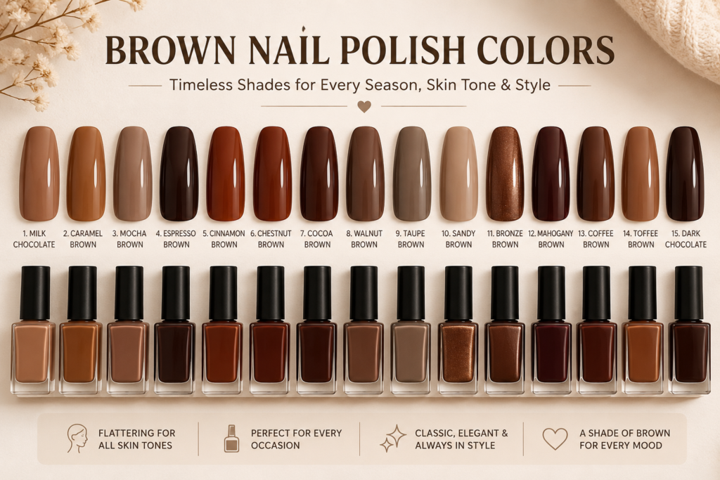 Brown Nail Polish Colors infographic featuring 15 elegant shades ranging from milk chocolate and caramel brown to espresso and dark chocolate. The image displays nail color swatches, matching polish bottles, and beauty-inspired styling elements, highlighting timeless brown manicure trends suitable for every season, skin tone, and occasion.