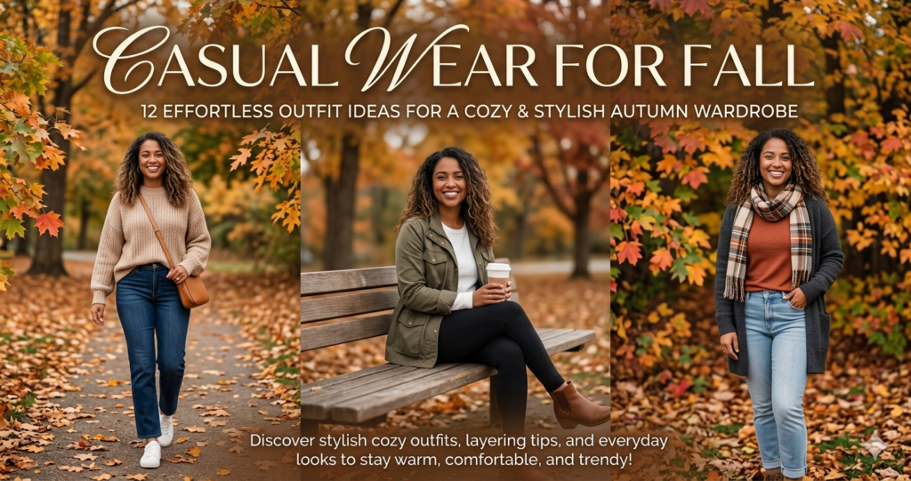 Three-panel collage showing casual wear for fall with a woman wearing a beige knit sweater and jeans, an olive green utility jacket sitting on a bench, and a layered cardigan look with a scarf against an autumn leaf background.