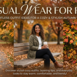 Three-panel collage showing casual wear for fall with a woman wearing a beige knit sweater and jeans, an olive green utility jacket sitting on a bench, and a layered cardigan look with a scarf against an autumn leaf background.