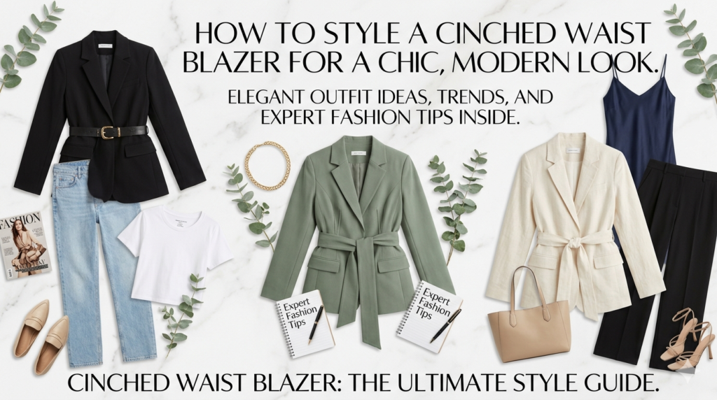 A flat lay fashion spread on a white marble surface featuring advanced styling ideas for a cinched waist blazer. A central leather journal reads "Advanced Style Bible" surrounded by three distinct outfits: a camel-brown tie-waist blazer with olive green wide-leg trousers and a cream turtleneck on the left; a charcoal grey pinstripe cinched blazer with a pleated skirt in the center; and a pastel pink belted blazer over a floral maxi dress with rose gold sneakers on the right. Text overlays read "Discover Your Signature Chic: Advanced Styling for Cinched Waist Blazers."