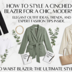 A flat lay fashion spread on a white marble surface featuring advanced styling ideas for a cinched waist blazer. A central leather journal reads "Advanced Style Bible" surrounded by three distinct outfits: a camel-brown tie-waist blazer with olive green wide-leg trousers and a cream turtleneck on the left; a charcoal grey pinstripe cinched blazer with a pleated skirt in the center; and a pastel pink belted blazer over a floral maxi dress with rose gold sneakers on the right. Text overlays read "Discover Your Signature Chic: Advanced Styling for Cinched Waist Blazers."