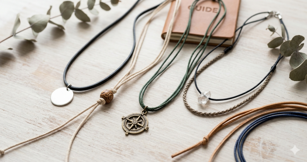 A variety of minimalist cord necklaces with different pendants, including a silver disc, a wooden bead, a bronze compass, and a raw crystal charm, arranged flat on a light wooden background next to a leather notebook and eucalyptus leaves.