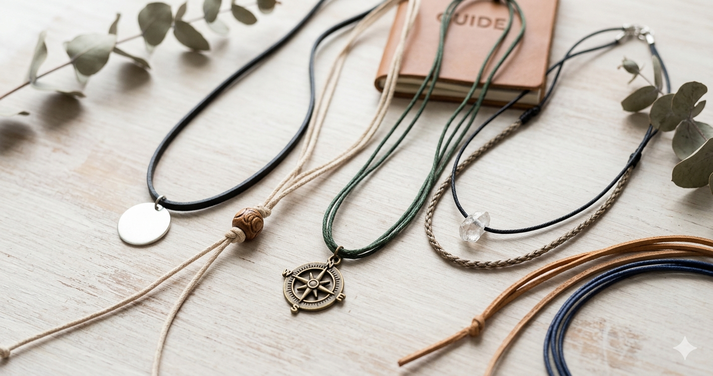 A variety of minimalist cord necklaces with different pendants, including a silver disc, a wooden bead, a bronze compass, and a raw crystal charm, arranged flat on a light wooden background next to a leather notebook and eucalyptus leaves.