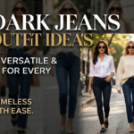 Three women walking down a city street showcasing different dark jeans outfit ideas, featuring a white button-down shirt, a cozy cream knit sweater, and a navy blazer with dark denim.
