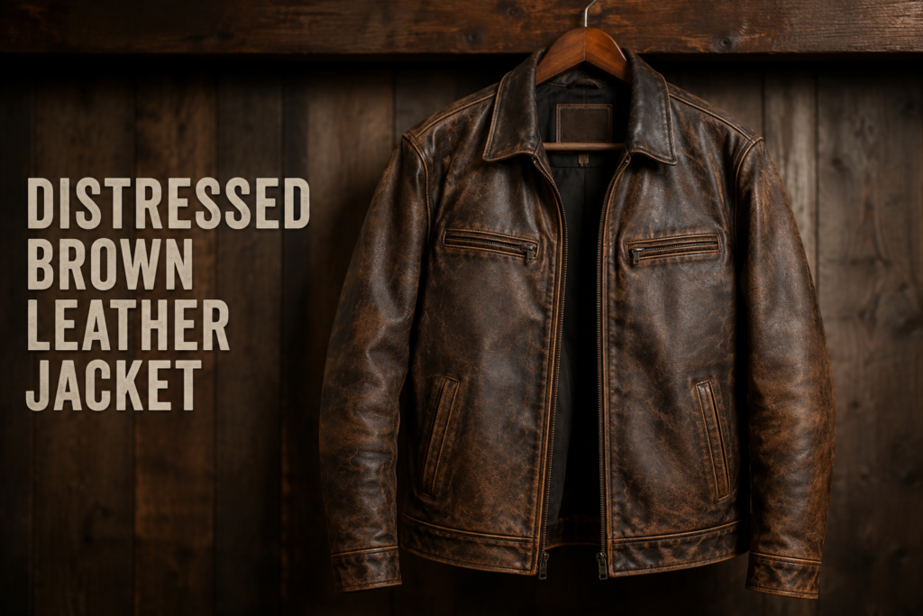 Distressed brown leather jacket hanging on a wooden hanger with rustic background and warm lighting.