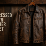Distressed brown leather jacket hanging on a wooden hanger with rustic background and warm lighting.