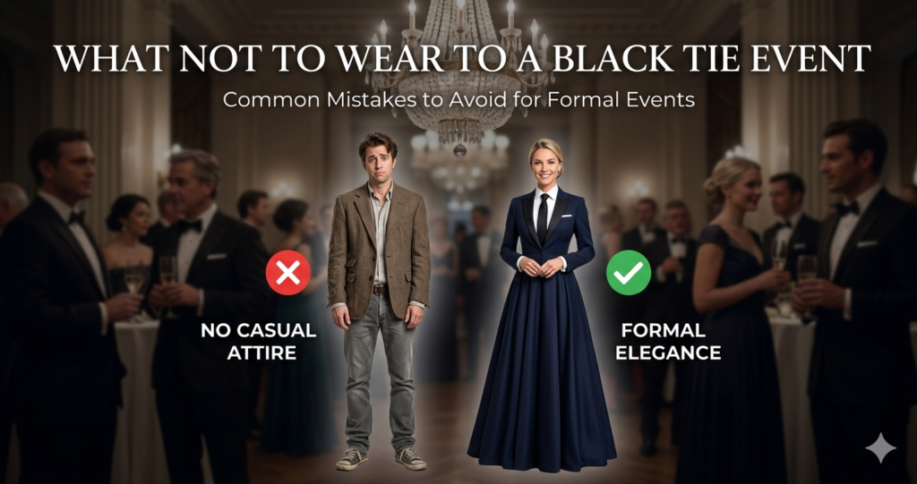 Infographic guide on what not to wear to a black tie event, showcasing 15 common black tie fashion mistakes like jeans, sneakers, and business suits versus correct attire like tuxedos and floor-length gowns.