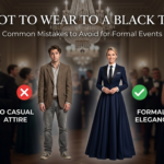 Infographic guide on what not to wear to a black tie event, showcasing 15 common black tie fashion mistakes like jeans, sneakers, and business suits versus correct attire like tuxedos and floor-length gowns.