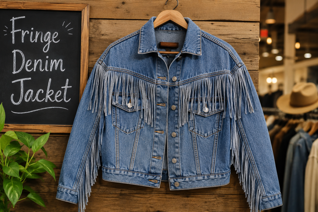 Fringe Denim Jacket hanging on a wooden hanger with stylish fringe details, showcasing a trendy Western-inspired denim fashion look.