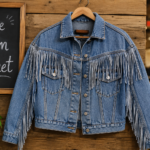 Fringe Denim Jacket hanging on a wooden hanger with stylish fringe details, showcasing a trendy Western-inspired denim fashion look.
