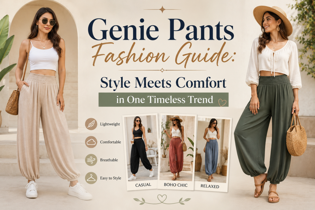 Fashion guide banner featuring stylish women wearing genie pants in different colors and casual outfits. The design highlights the title 'Genie Pants Fashion Guide: Style Meets Comfort in One Timeless Trend' with examples of casual, boho chic, and relaxed styling. The image emphasizes the lightweight, breathable, comfortable, and versatile nature of genie pants in a modern fashion editorial layout."