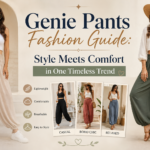 Fashion guide banner featuring stylish women wearing genie pants in different colors and casual outfits. The design highlights the title 'Genie Pants Fashion Guide: Style Meets Comfort in One Timeless Trend' with examples of casual, boho chic, and relaxed styling. The image emphasizes the lightweight, breathable, comfortable, and versatile nature of genie pants in a modern fashion editorial layout."