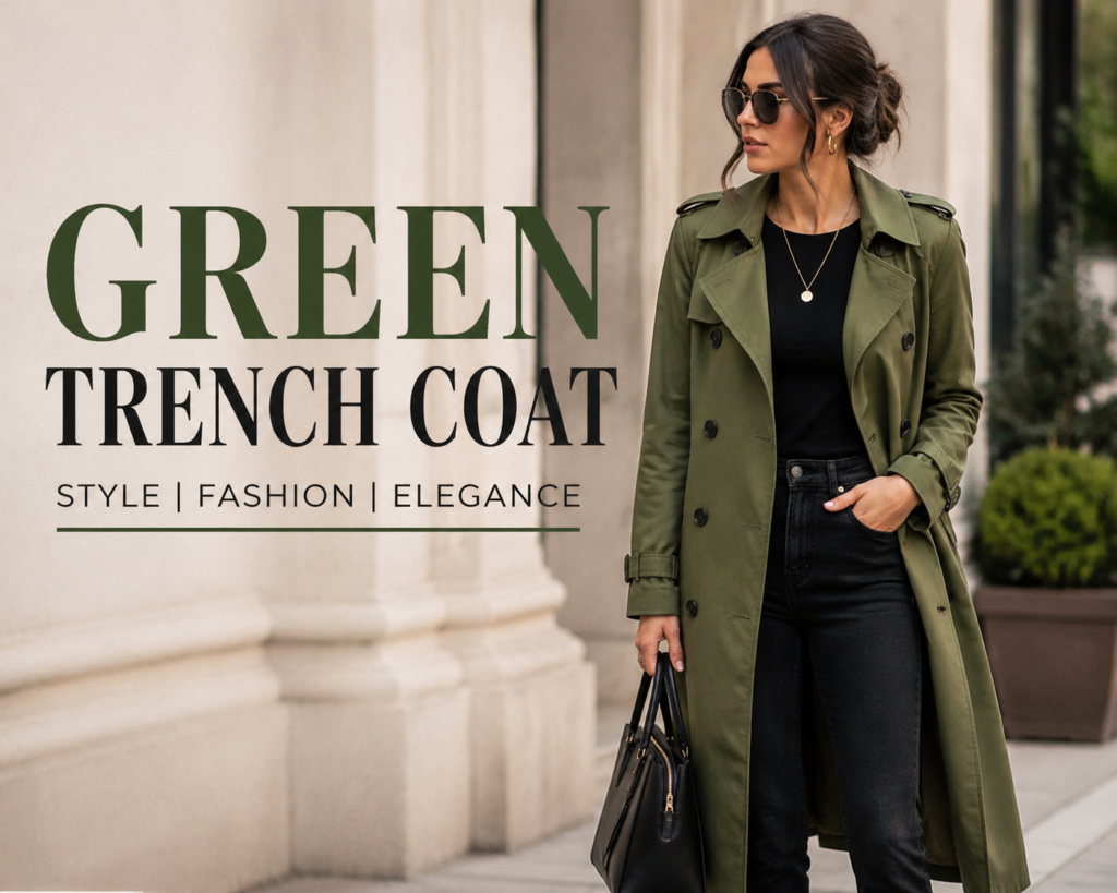 A stylish fashion editorial featuring a woman wearing a green trench coat in an urban street setting, highlighting modern elegance and chic outfit inspiration.
