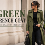 A stylish fashion editorial featuring a woman wearing a green trench coat in an urban street setting, highlighting modern elegance and chic outfit inspiration.