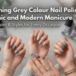 Modern grey colour nail polish manicure trends featuring marble nail art, matte charcoal, ombre shades, and chrome silver finishes on different skin tones, arranged with nail polish bottles, brushes, and silver rings on a marble background.