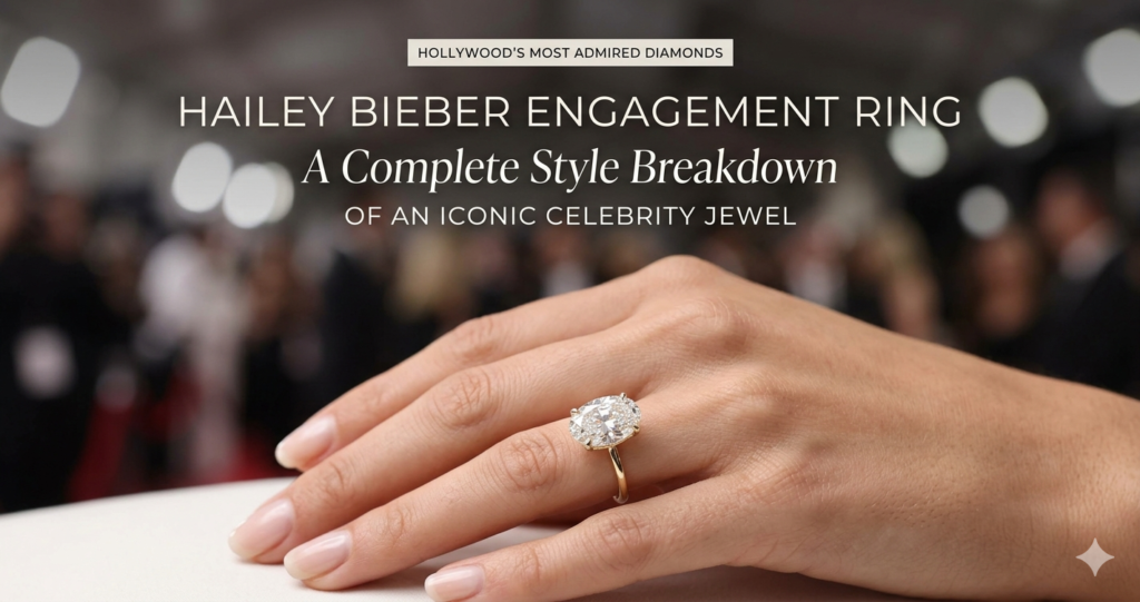 A close-up of the Hailey Bieber engagement ring featuring an iconic large oval-cut diamond on a thin gold band, perfect for a style breakdown of Hollywood's admired jewels.