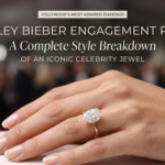 A close-up of the Hailey Bieber engagement ring featuring an iconic large oval-cut diamond on a thin gold band, perfect for a style breakdown of Hollywood's admired jewels.