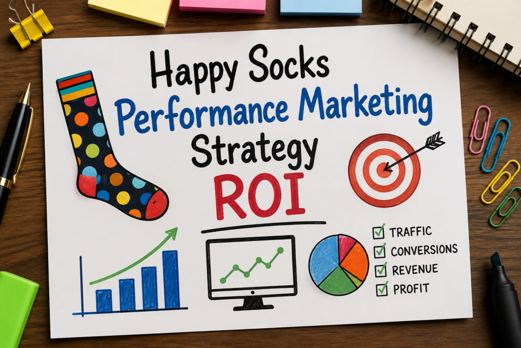 Happy Socks performance marketing strategy ROI concept illustration showing a desk workspace with charts, graphs, and colorful branding elements representing digital marketing growth and ROI tracking.
