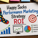 Happy Socks performance marketing strategy ROI concept illustration showing a desk workspace with charts, graphs, and colorful branding elements representing digital marketing growth and ROI tracking.