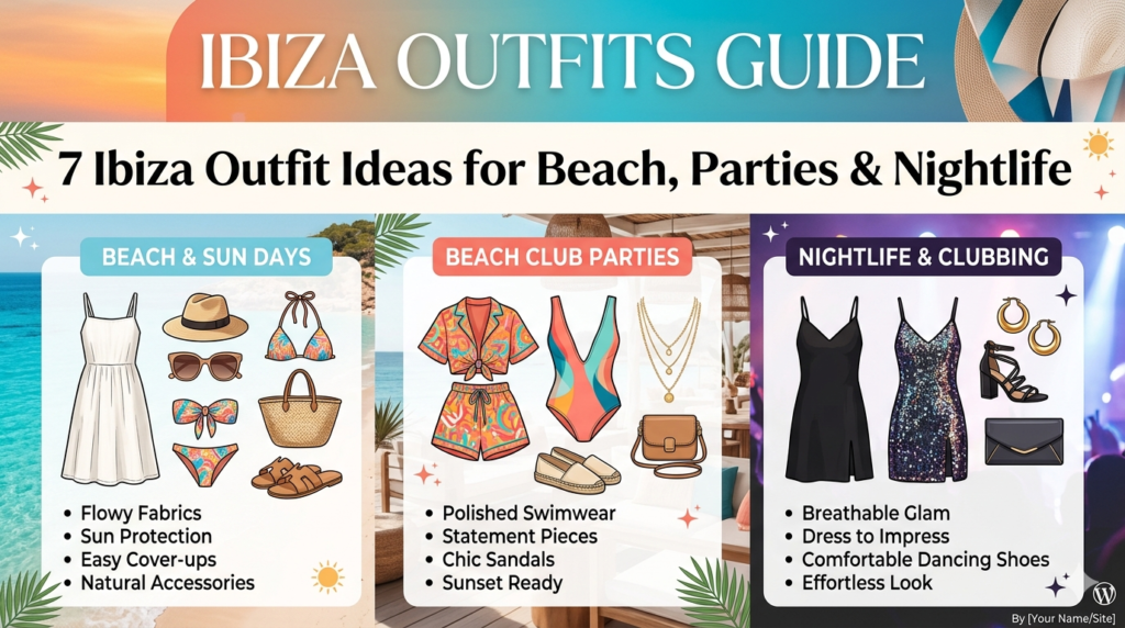 Infographic guide for Ibiza outfits ideas, showcasing three styling categories: Beach & Sun Days with a white linen dress and straw bag; Beach Club Parties with a colorful co-ord set and swimsuit; and Nightlife & Clubbing with a black satin dress and sparkly mini dress.