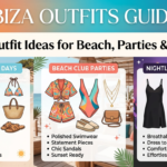 Infographic guide for Ibiza outfits ideas, showcasing three styling categories: Beach & Sun Days with a white linen dress and straw bag; Beach Club Parties with a colorful co-ord set and swimsuit; and Nightlife & Clubbing with a black satin dress and sparkly mini dress.