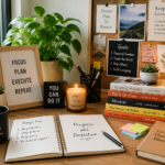 Inspiring items on a modern desk including a journal, motivational quote, plants, books, candle, and vision board designed to boost productivity, positivity, and personal growth.