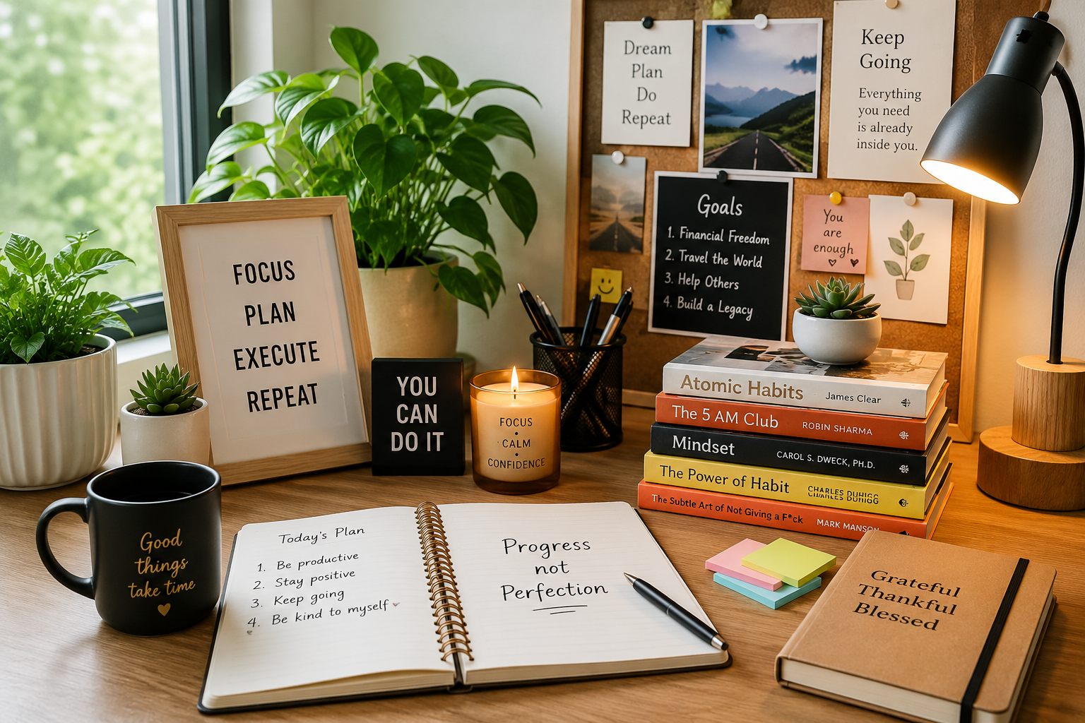 Inspiring items on a modern desk including a journal, motivational quote, plants, books, candle, and vision board designed to boost productivity, positivity, and personal growth.