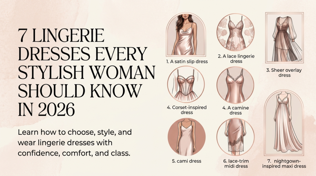 An infographic guide showcasing 7 lingerie dresses 2026 trends, with detailed illustrations on how to style lingerie dresses elegantly for different occasions.