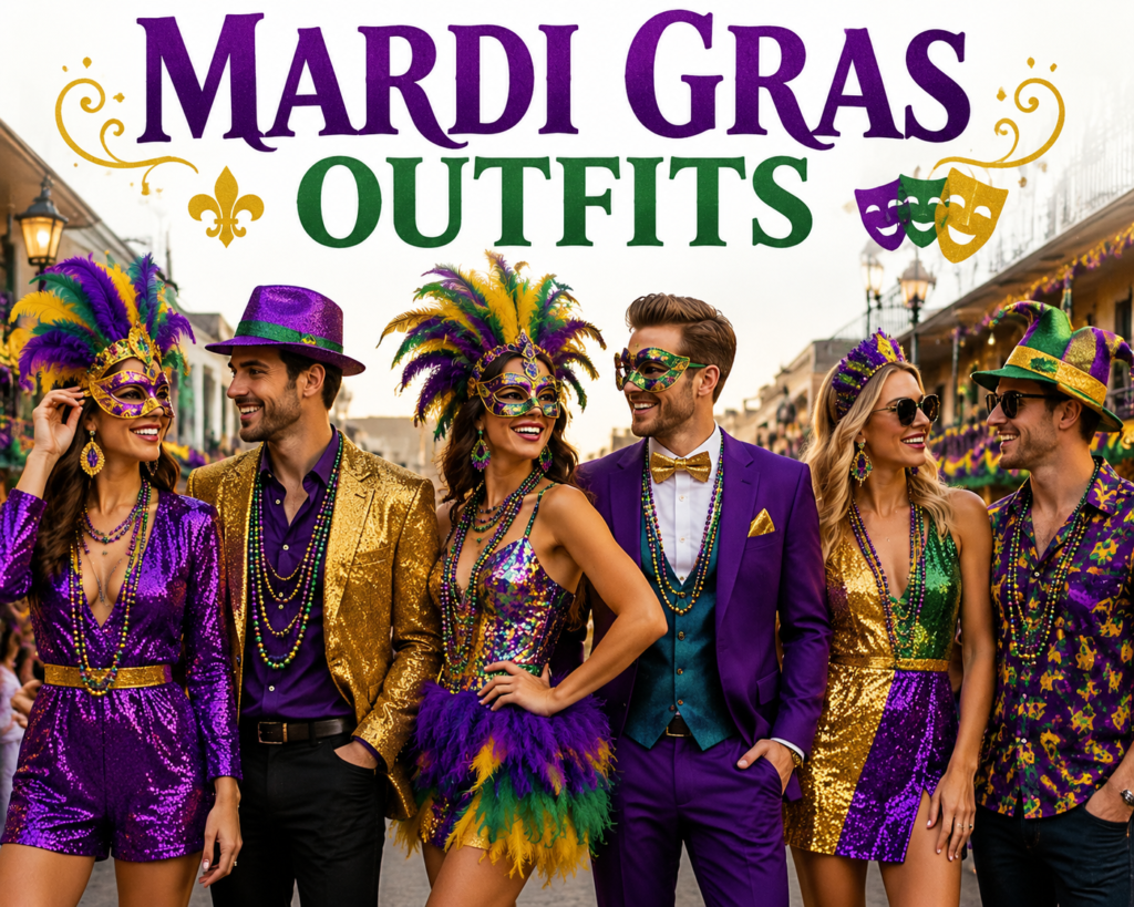 Mardi Gras outfits featuring vibrant purple, green, and gold festival clothing with stylish men and women wearing sequined dresses, suits, and masks in a lively carnival street celebration scene.