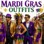 Mardi Gras outfits featuring vibrant purple, green, and gold festival clothing with stylish men and women wearing sequined dresses, suits, and masks in a lively carnival street celebration scene.