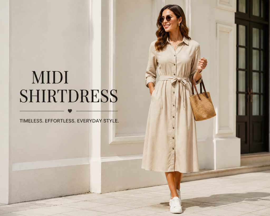 Woman wearing a stylish midi shirtdress standing outdoors in a modern architectural setting, showcasing elegant midi shirtdress fashion and contemporary street style outfit.