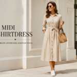 Woman wearing a stylish midi shirtdress standing outdoors in a modern architectural setting, showcasing elegant midi shirtdress fashion and contemporary street style outfit.