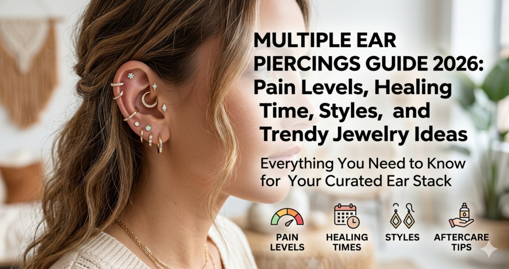 A comprehensive guide banner for multiple ear piercings in 2026, showing a side-profile view of a woman with a beautifully curated ear stack including helix, conch, daith, and multiple lobe piercings with gold and gemstone jewelry. The right side features the bold title 'Multiple Ear Piercings Guide 2026' alongside clean, minimalist icons for pain levels, healing times, styles, and aftercare tips.
