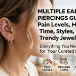A comprehensive guide banner for multiple ear piercings in 2026, showing a side-profile view of a woman with a beautifully curated ear stack including helix, conch, daith, and multiple lobe piercings with gold and gemstone jewelry. The right side features the bold title 'Multiple Ear Piercings Guide 2026' alongside clean, minimalist icons for pain levels, healing times, styles, and aftercare tips.