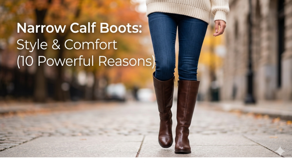 Close-up of a woman walking down a city street wearing perfectly fitted brown leather narrow calf boots, skinny jeans, and a cream sweater.