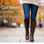 Close-up of a woman walking down a city street wearing perfectly fitted brown leather narrow calf boots, skinny jeans, and a cream sweater.