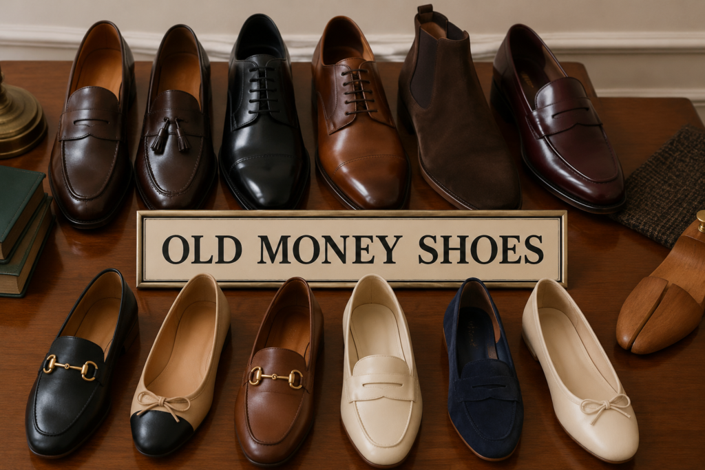 Old money shoes collection featuring classic leather loafers, oxfords, and elegant flats arranged in a luxury still-life setup representing timeless old money shoes style and quiet luxury fashion.
