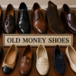 Old money shoes collection featuring classic leather loafers, oxfords, and elegant flats arranged in a luxury still-life setup representing timeless old money shoes style and quiet luxury fashion.