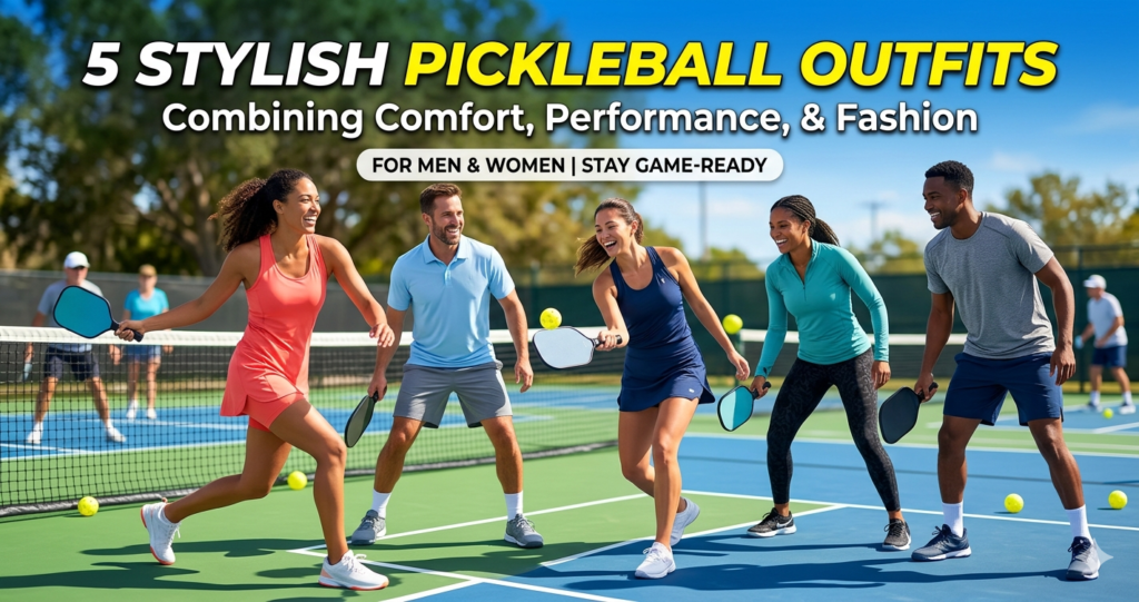 A vibrant outdoor pickleball court featuring a group of men and women dressed in modern, stylish athletic apparel. On the left, a woman in a coral-colored performance dress with built-in shorts runs toward the ball. Next to her, a man wears a light blue athletic polo and grey performance shorts. In the center, another woman plays in a navy blue tennis skort and matching tank top. To the right, a woman in a teal long-sleeve top and black leggings stands next to a man in a grey moisture-wicking t-shirt and navy shorts. Bright text at the top reads '5 STYLISH PICKLEBALL OUTFITS'.