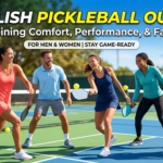 A vibrant outdoor pickleball court featuring a group of men and women dressed in modern, stylish athletic apparel. On the left, a woman in a coral-colored performance dress with built-in shorts runs toward the ball. Next to her, a man wears a light blue athletic polo and grey performance shorts. In the center, another woman plays in a navy blue tennis skort and matching tank top. To the right, a woman in a teal long-sleeve top and black leggings stands next to a man in a grey moisture-wicking t-shirt and navy shorts. Bright text at the top reads '5 STYLISH PICKLEBALL OUTFITS'.