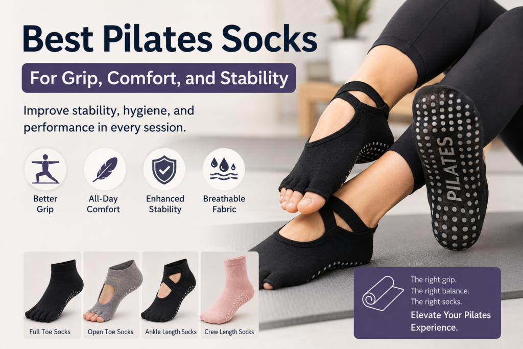 A modern promotional Pilates socks design showing a woman wearing black grip socks during a Pilates workout. The image highlights key features such as improved grip, comfort, and stability, along with different sock styles including full toe, open toe, ankle length, and crew length. The layout includes bold text “Best Pilates Socks” and icons representing balance, breathability, and performance benefits.