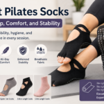A modern promotional Pilates socks design showing a woman wearing black grip socks during a Pilates workout. The image highlights key features such as improved grip, comfort, and stability, along with different sock styles including full toe, open toe, ankle length, and crew length. The layout includes bold text “Best Pilates Socks” and icons representing balance, breathability, and performance benefits.