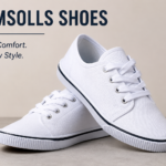 White plimsolls shoes on a clean surface with a minimal background and bold text highlighting “Plimsolls Shoes” and comfort-focused styling message.