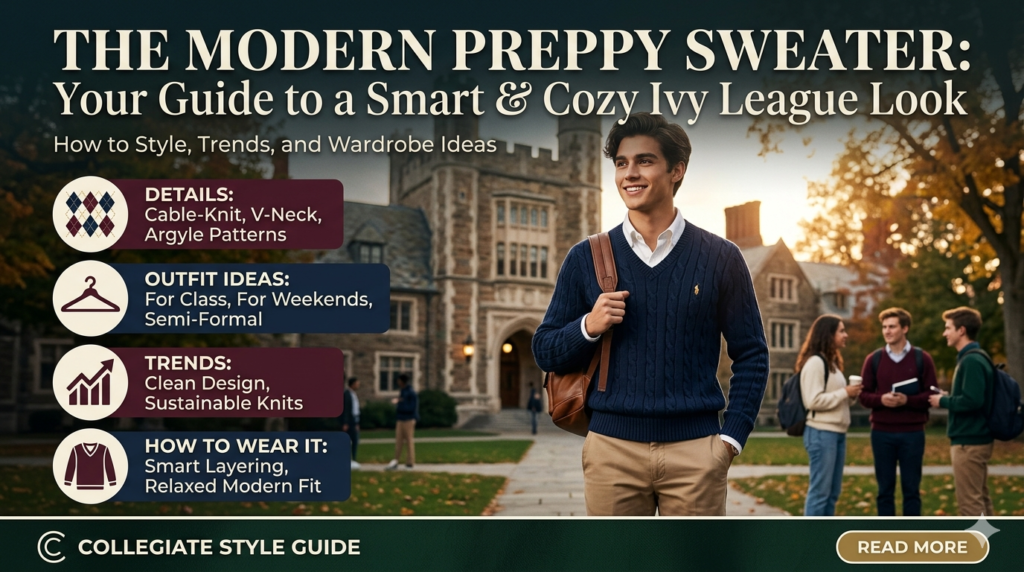 A featured image for a WordPress article showcasing a modern Ivy League look with a man wearing a classic preppy sweater on a university campus, including text overlays for outfit ideas, trends, and styling detail