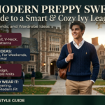 A featured image for a WordPress article showcasing a modern Ivy League look with a man wearing a classic preppy sweater on a university campus, including text overlays for outfit ideas, trends, and styling detail