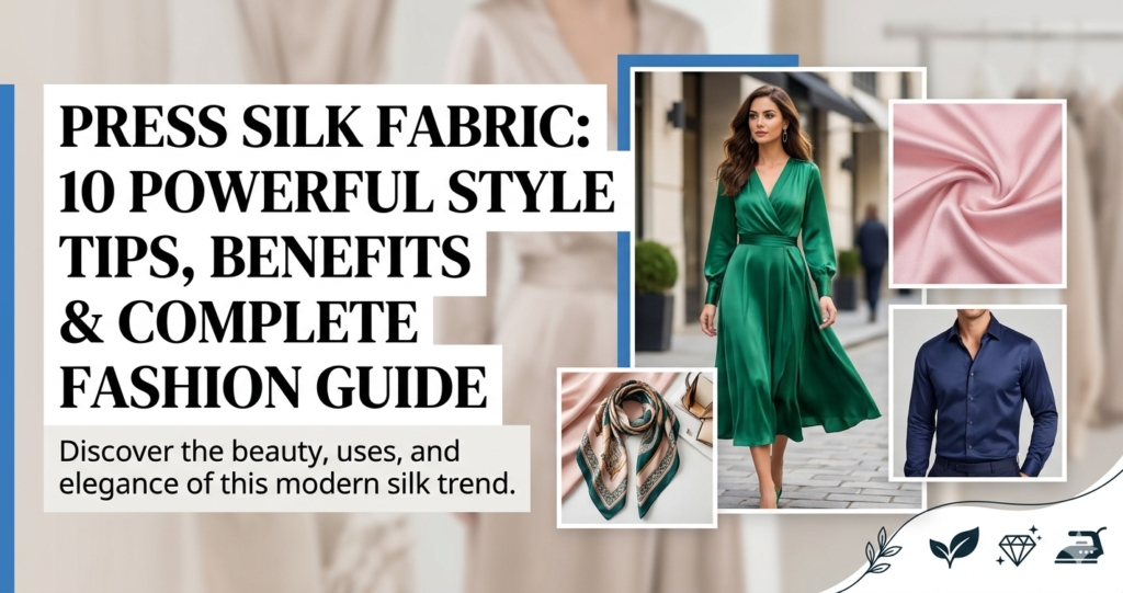 Press silk fabric fashion guide banner showcasing a woman in a green silk midi dress, a men's navy blue silk shirt, and elegant pink silk fabric drapes.