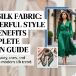 Press silk fabric fashion guide banner showcasing a woman in a green silk midi dress, a men's navy blue silk shirt, and elegant pink silk fabric drapes.