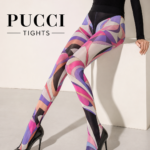 Pucci tights fashion model wearing colorful patterned Pucci tights with black heels in a luxury studio fashion shoot.